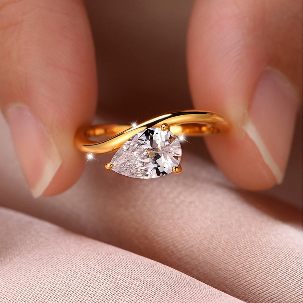 Pear Shaped Moissanite  925 Sterling Silver Simple Wave Band Solitaire Ring