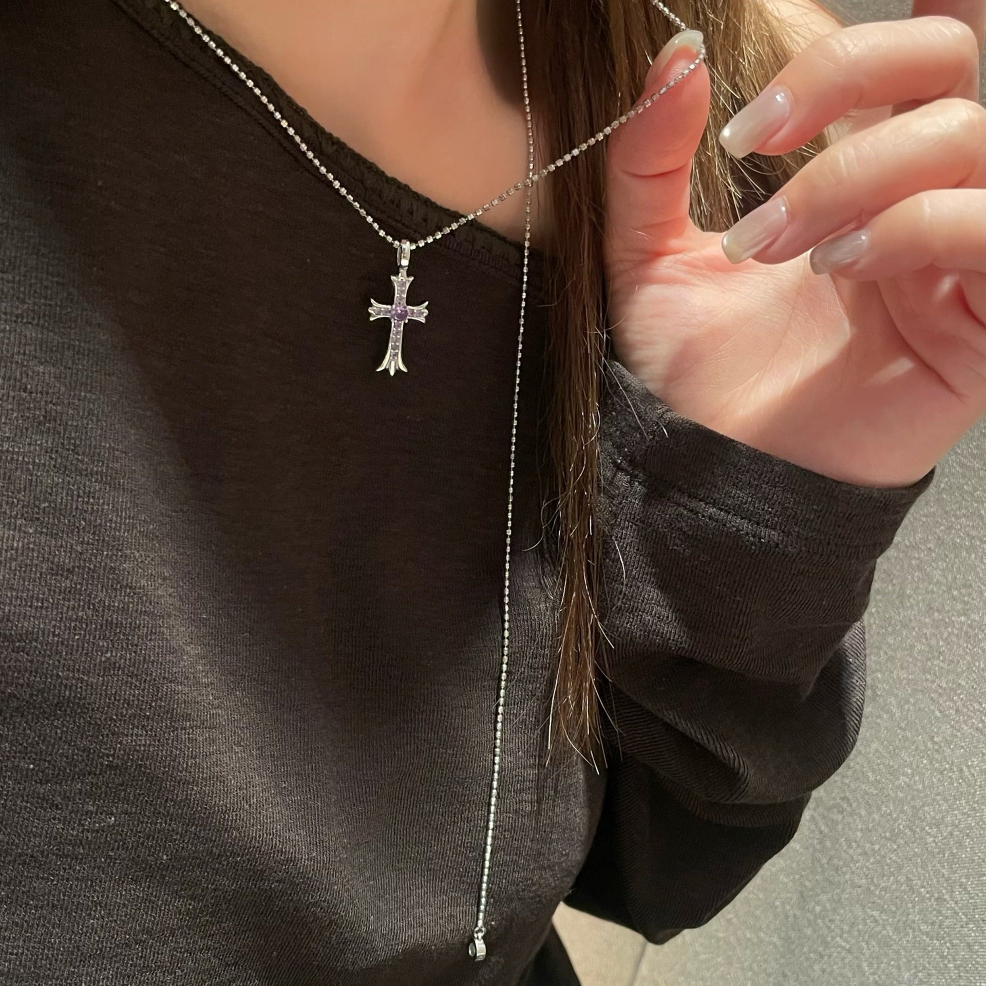 925 Sterling Silver Geometric Vintage Religious Cross Pendant Necklace with Purple or White Round Gemstone Accents