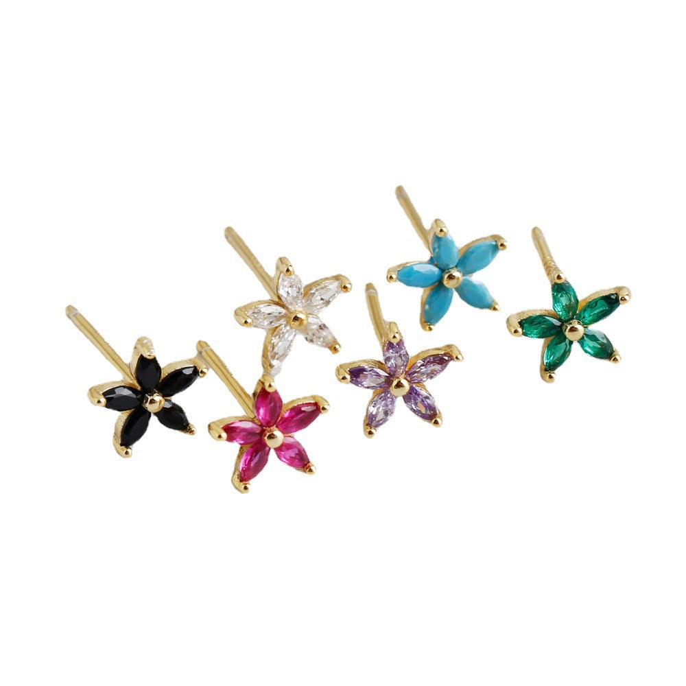 Five petal Flower Shaped Colored Cubic Zirconia  Elegant and Stylish 925 Sterling Silver Stud Earrings