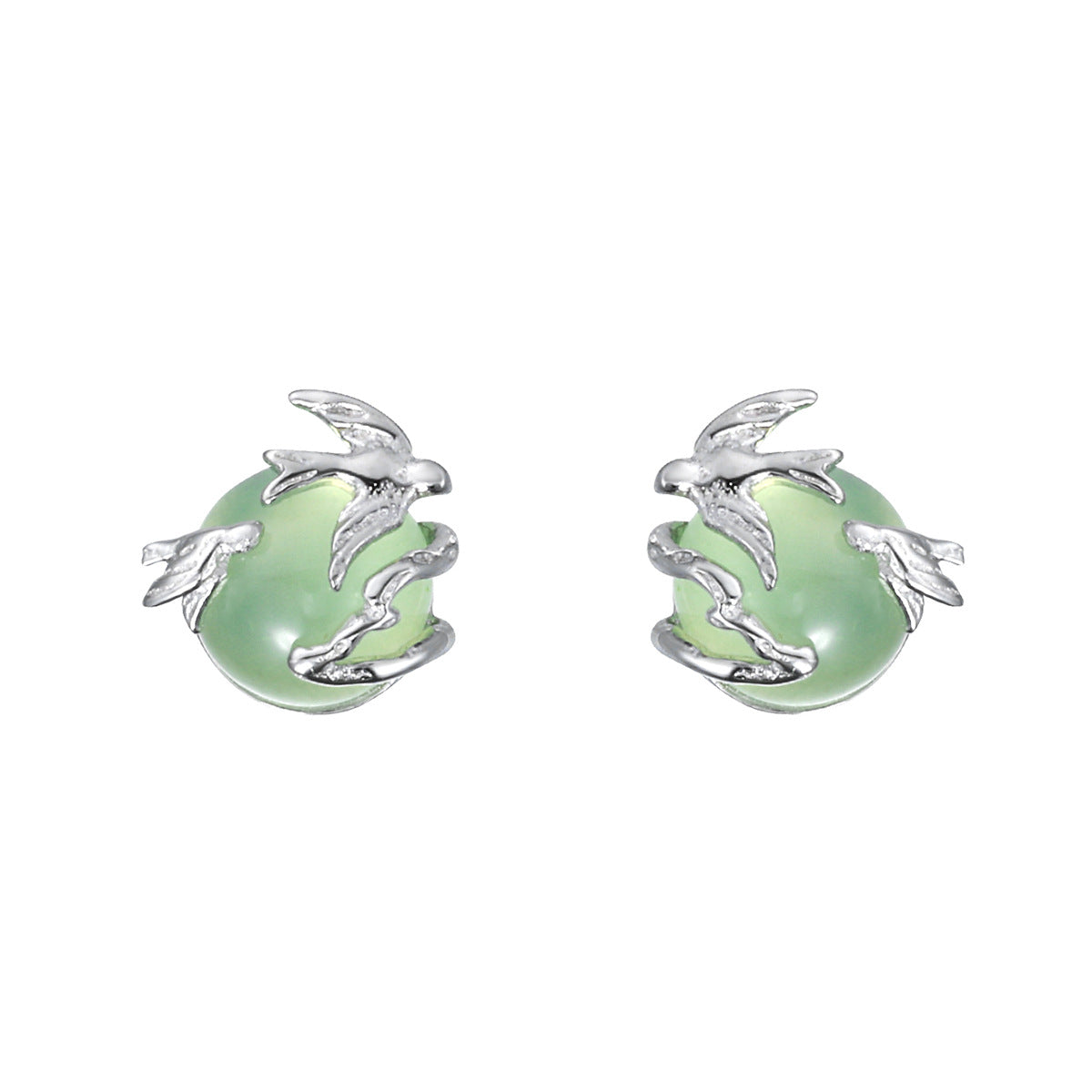 Mini Delicate Green Stone Flying Bird 925 Sterling Silver Stud Earrings