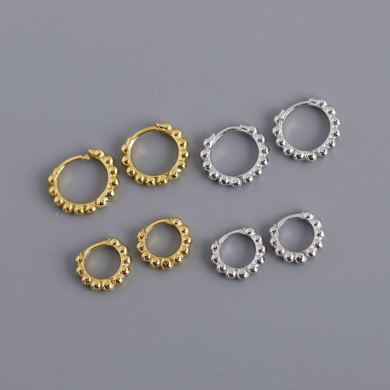 Beaded Round Ball 925 Sterling Silver Hoop Earrings