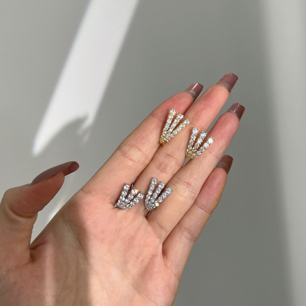 Office Micro Setting CZ Three Claws 925 Sterling Silver Hoop Earrings