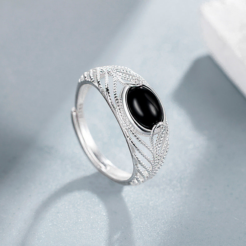 Geometric U-Shape Black Onyx Open Adjustable 925 Sterling Silver Ring