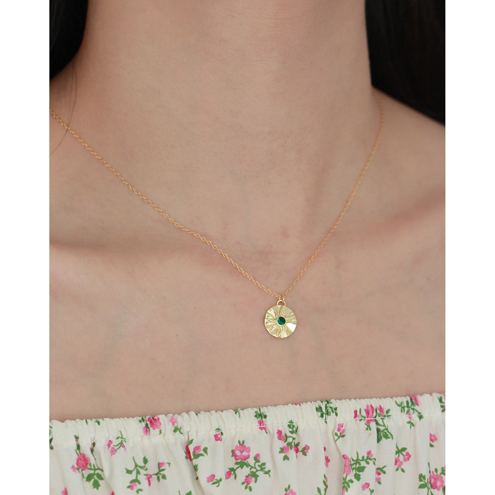 Green Stone Sunburst Disc 925 Sterling Silver Pendant Delicate Layering Clavicle Chain Necklace