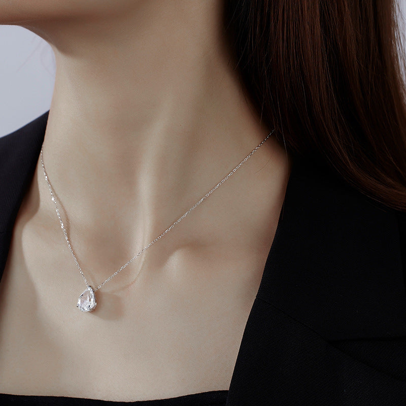 Elegant Teardrop Pendant O Chain Pear Cut Clear Cubic Zirconia 925 Sterling Silver Necklace