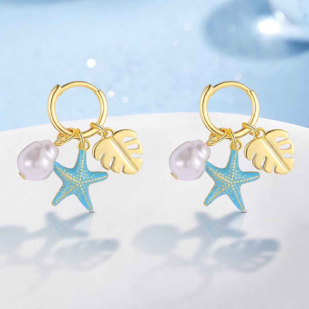 Summer Ocean Star Sea Pearl Circular Leaf-shaped Resin Pendant S925 Silver Earrings