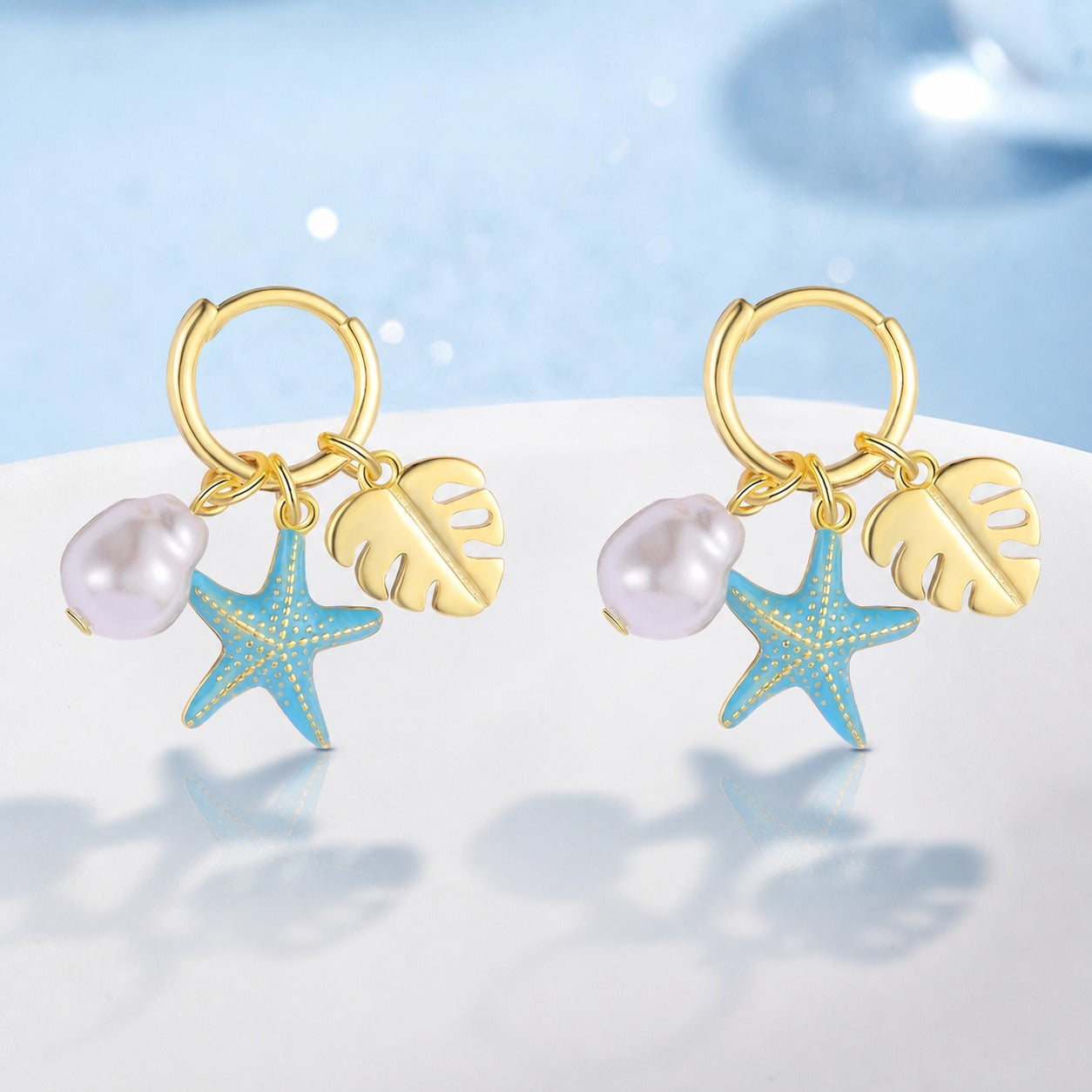 Summer Ocean Star Sea Pearl Circular Leaf-shaped Resin Pendant S925 Silver Earrings