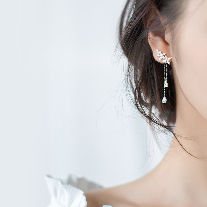 Five Petal Flower Marquise Leaf Teardrop Tassel Cubic Zirconia S925 Silver Dangle Earrings