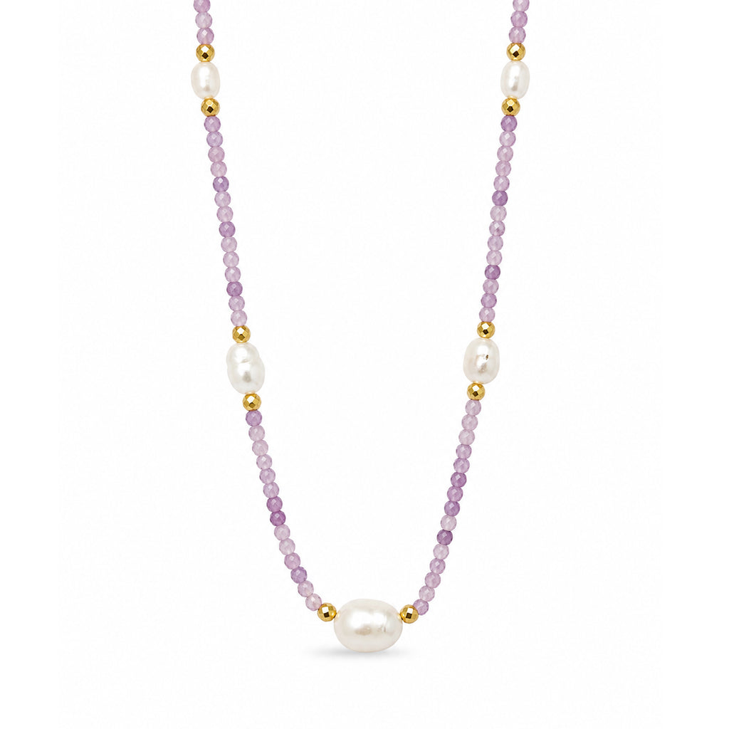 Lavender Faceted Amethyst Multi-Size Baroque Pearl Adjustable Gold Plated 925 Silver Necklace