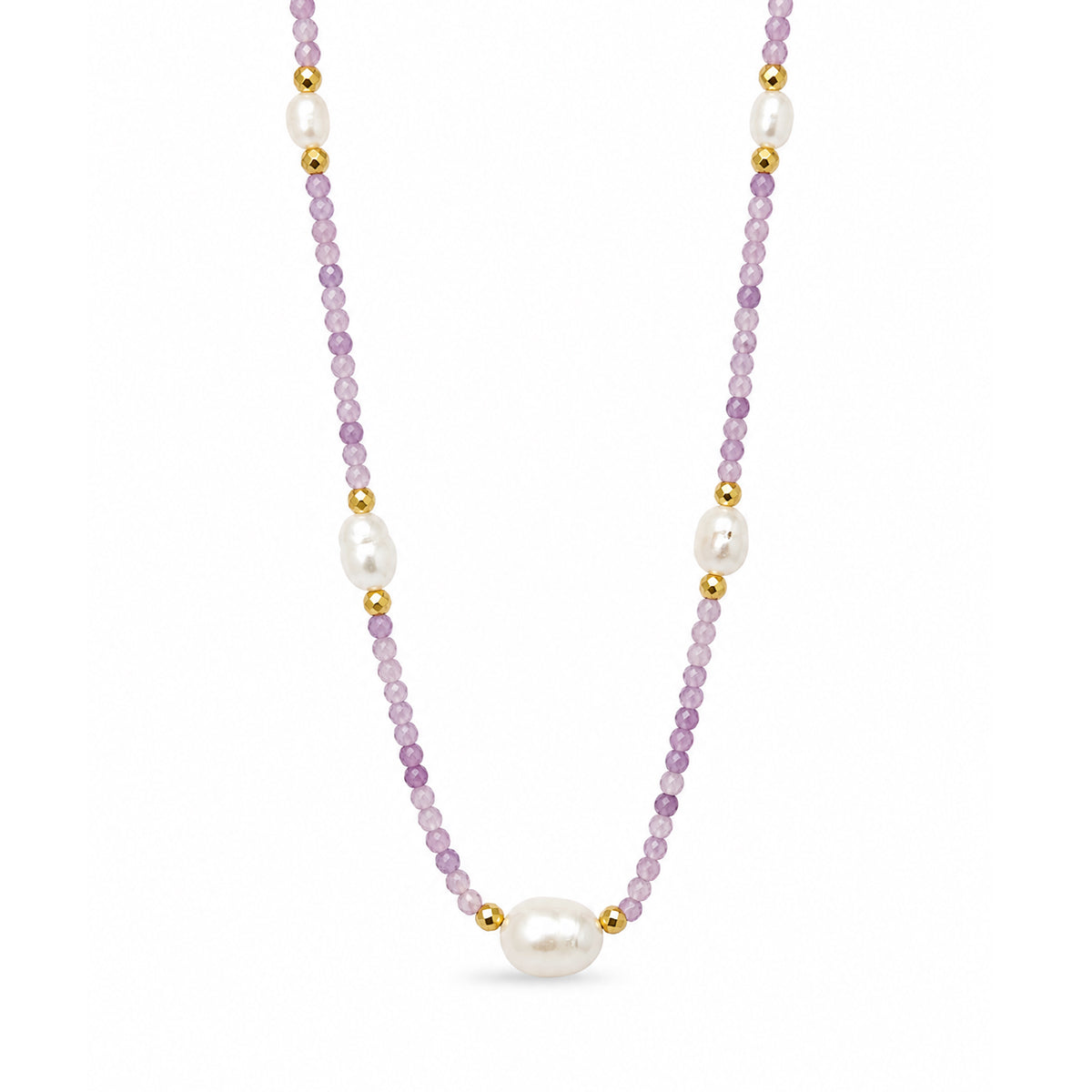 Lavender Faceted Amethyst Multi-Size Baroque Pearl Adjustable Gold Plated 925 Silver Necklace
