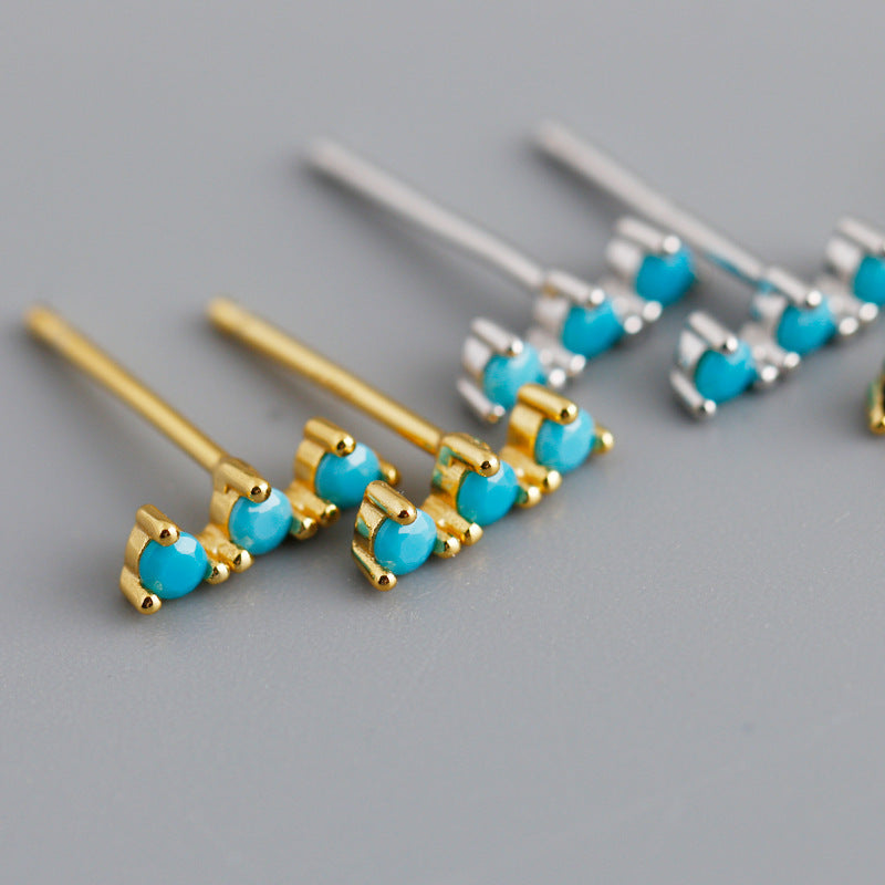 Geometric Three Stone Bar Stud Earrings with Cubic Zirconia and Turquoise in 925 Sterling Silver Stud Earrings