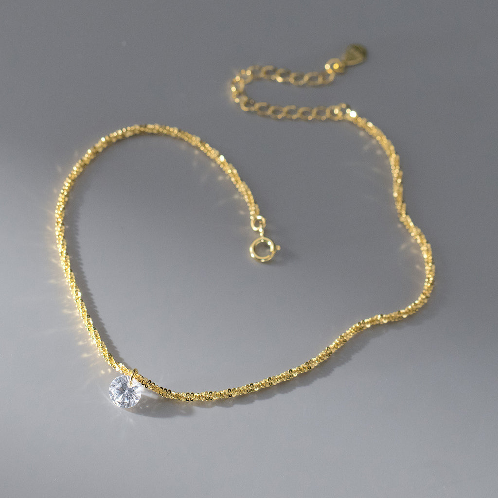 Single Round Clear Cubic Zirconia S925 Sterling Silver Anklet Minimalist Delicate Sparkle Chain Anklet