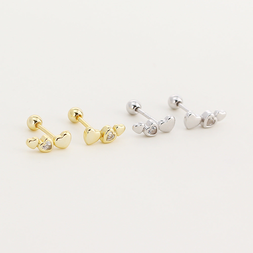 Modern Minimalist Daily Wear Mini Triple Heart Cubic Zirconia S925 Silver Screw Back Ear Stud Earrings