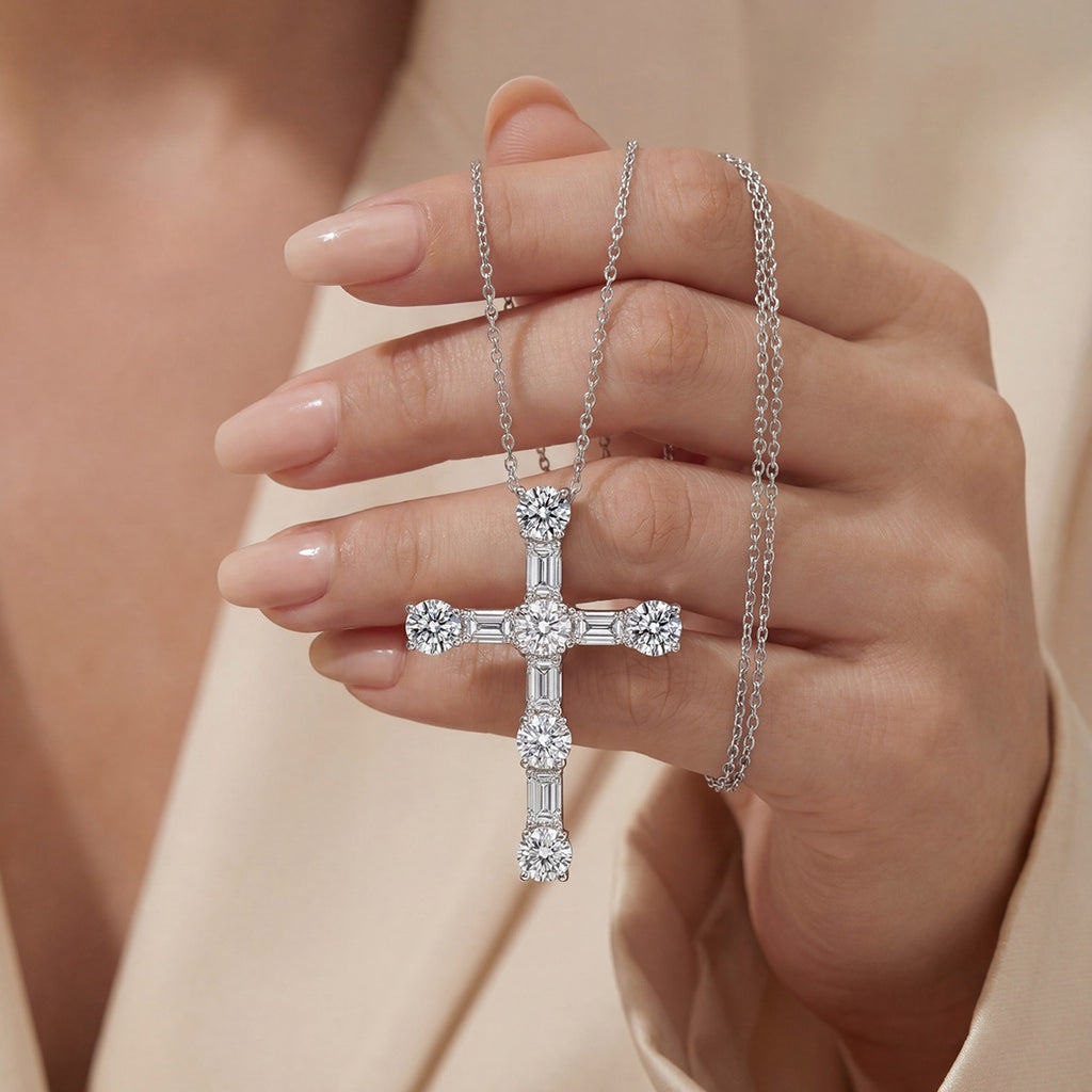 Religious Cross White Moissanite S925 Sterling Silver Pendant Necklace