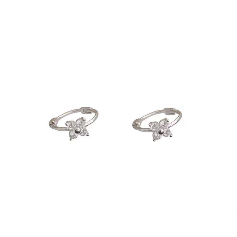 Office Simple CZ Four Leaf Clovers 925 Sterling Silver Hoop Earrings