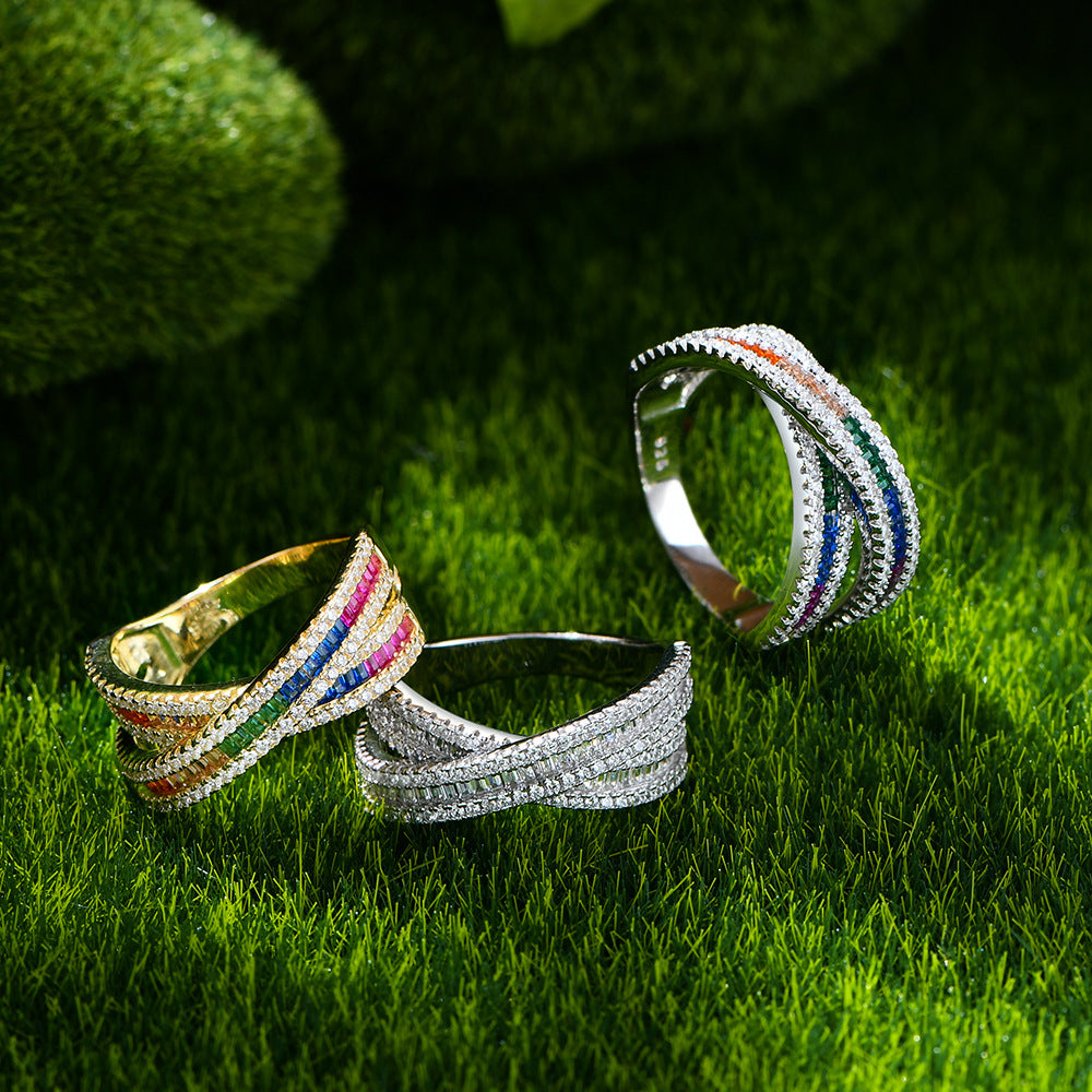 Colorful Rainbow CZ Cross 925 Sterling Silver Adjustable Ring