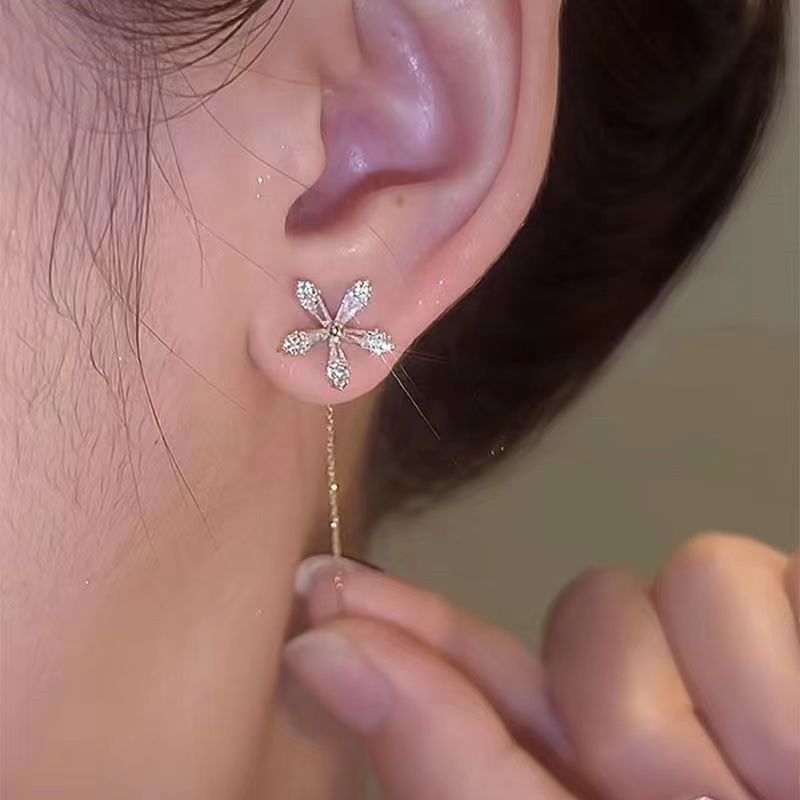 Beautiful CZ Flowers Women 925 Sterling Silver Dangling Tassels Earrings