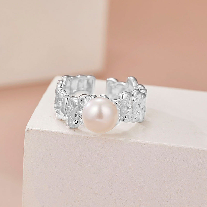 Women Modern Casual Fashion Finished Pearl Geometric Textured Band Rhodium S925 Sterling Silver Adjustable Open Ring