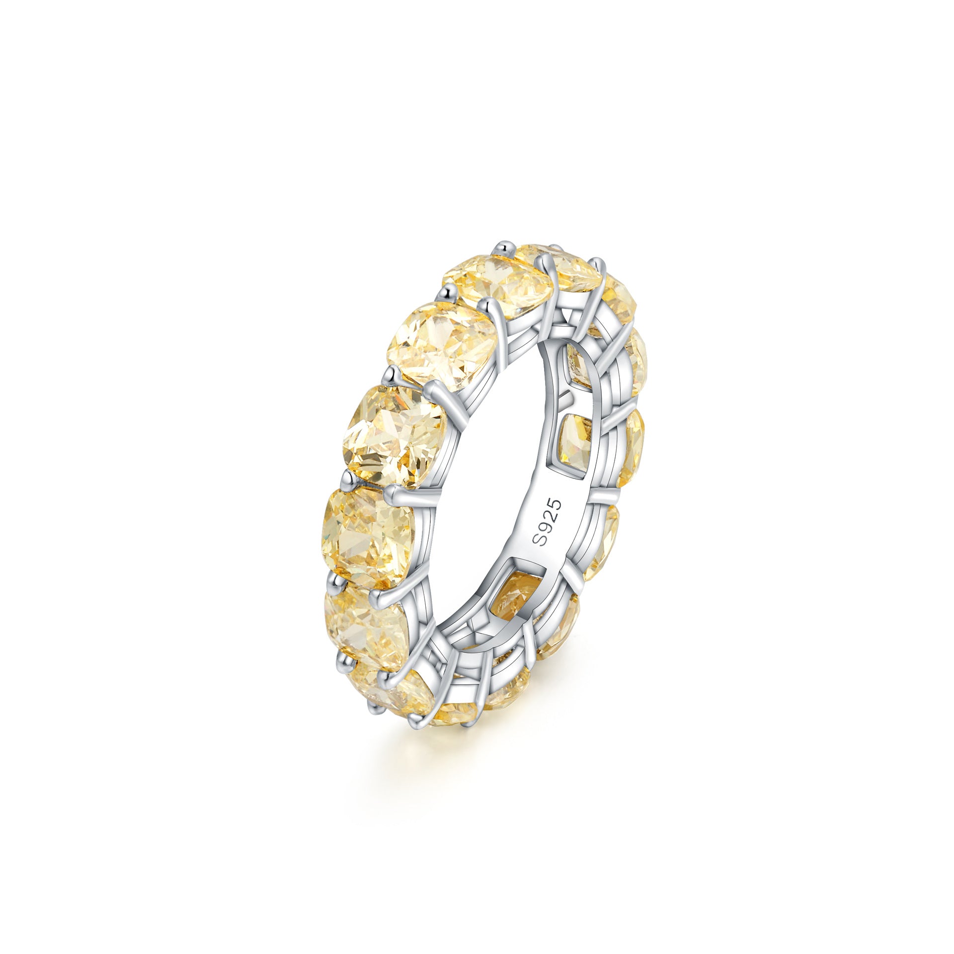 Light Yellow Cushion-Cut Zirconia Full-Band Eternity 925 Sterling Silver Ring