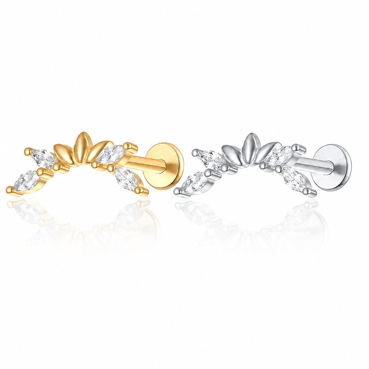 Geometric Fan Leaf Cubic Zirconia 925 Sterling Silver Internal Thread Flat Back Ear Stud Cartilage Piercing Earrings (Single )