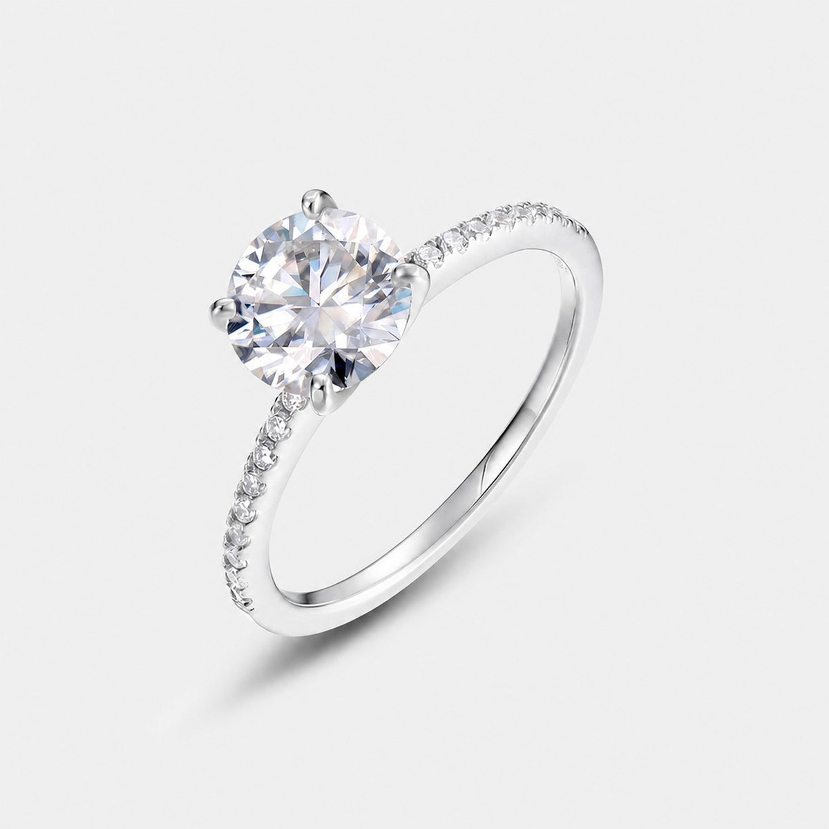 Round Solitaire Moissanite 925 Sterling Silver  Classic Four Prong Pave Band Engagement Ring