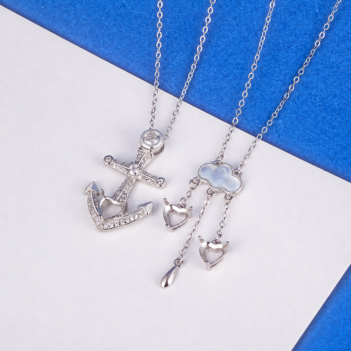 Anchor shaped and cloud-shaped pendant necklace for DIY  Hollow stone inlay 925 sterling silver cross chain Necklace