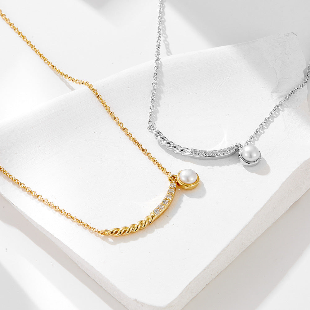 Women Fashion Natural Round Pearl Twisted Chain CZ Smile 925 Sterling Silver Necklace