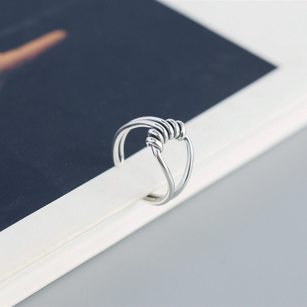 Minimalist Double Vintage Silver S925 Sterling Silver Wrapped Wire Crossover Adjustable Open Ring