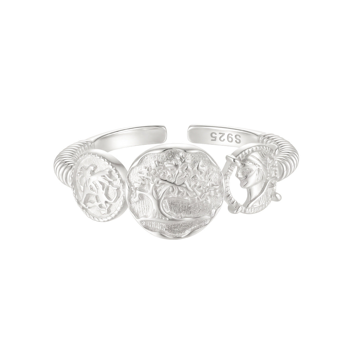 Vintage Ancient Coin Relief Portrait 925 Sterling Silver Adjustable Ring
