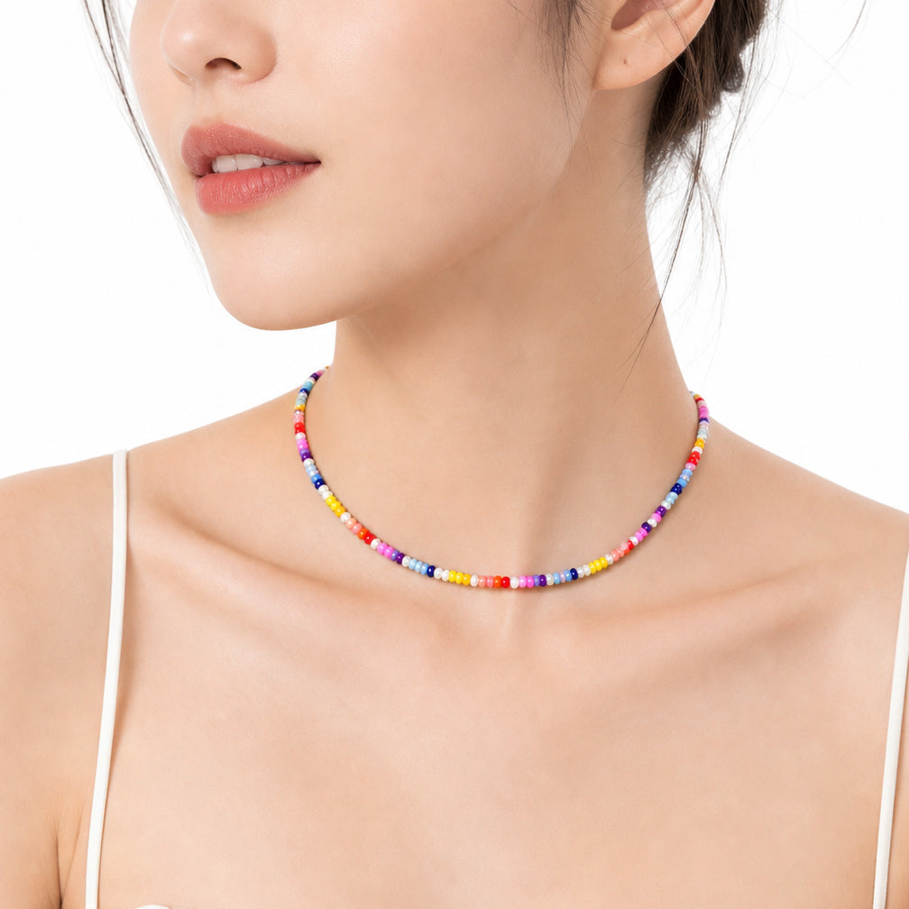 Boho Rainbow Glass Seed Beads Tiny Near Round Freshwater Pearl Beaded Adjustable Fine Jewelry Gift Holiday Beach Music Festival Daily Party 925 Sterling Silver Necklace