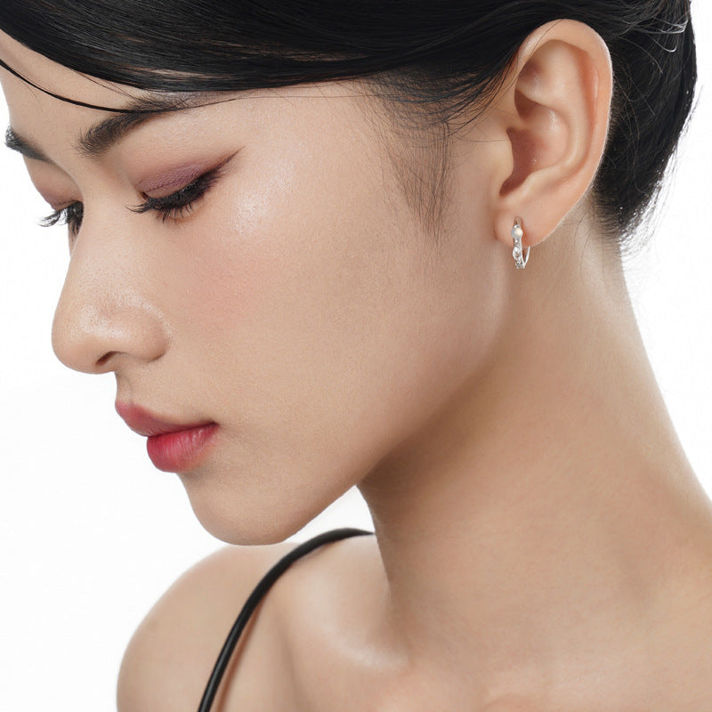 Casual White Agate Oval Eye CZ 925 Sterling Silver Hoop Earring (Single)