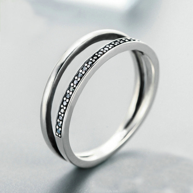 Fashion n Double Line 925 Sterling Silver Black CZ Ring