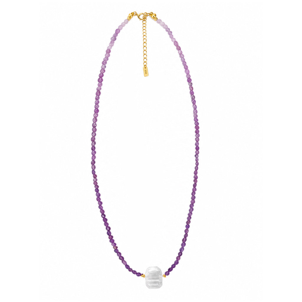 Elegant Gradient Purple Amethyst Faceted Clear Quartz Beaded Adjustable 925 Sterling Silver Necklace