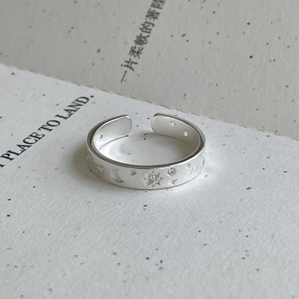 Classic CZ Star Crescent Moon 926 Sterling Silver Adjustable Ring