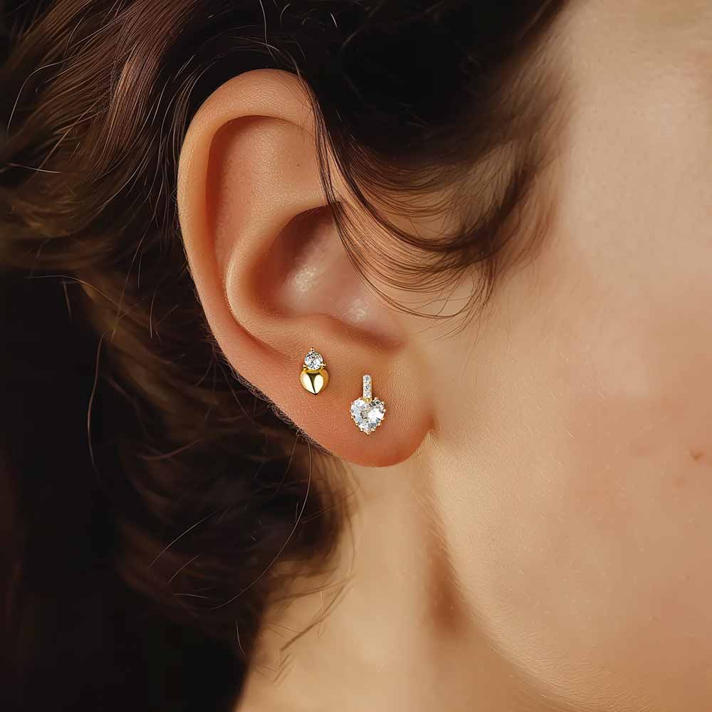 Anniversary Golden CZ Heart 925 Sterling Silver Stud Earrings