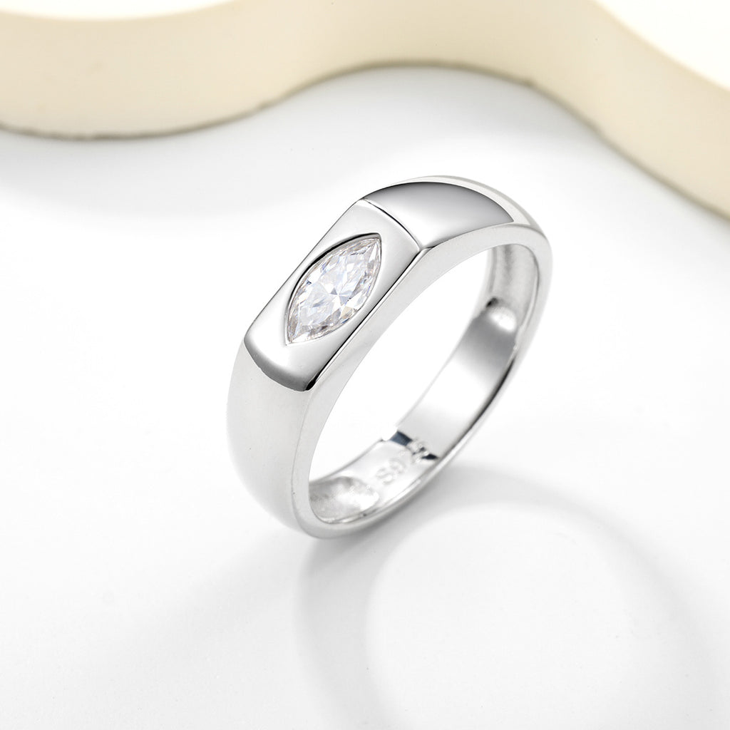 Minimalist Marquise Cut White Moissanite 925 Sterling Silver Signet Band Ring