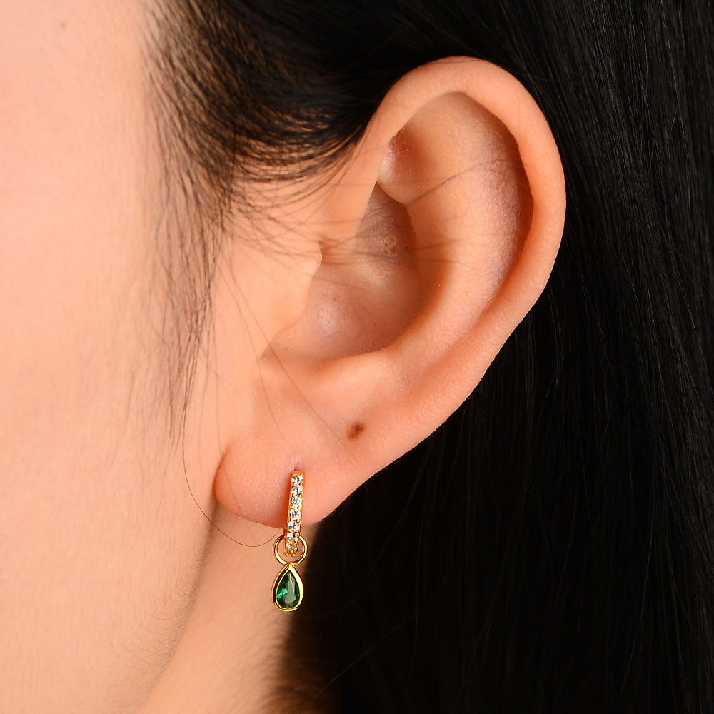 Elegant Fashionable Water Drop Shape Emerald Cubic Zirconia 925 Sterling Silver Dangle Hoop Earrings