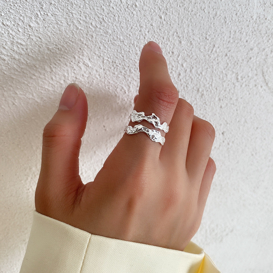 Irregular Double Layer Texture Adjustable Sterling Silver Ring