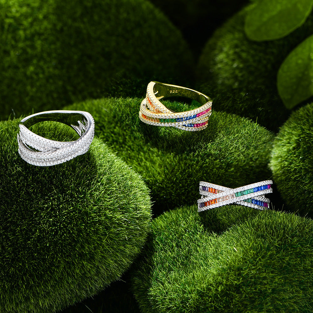 Colorful Rainbow CZ Cross 925 Sterling Silver Adjustable Ring