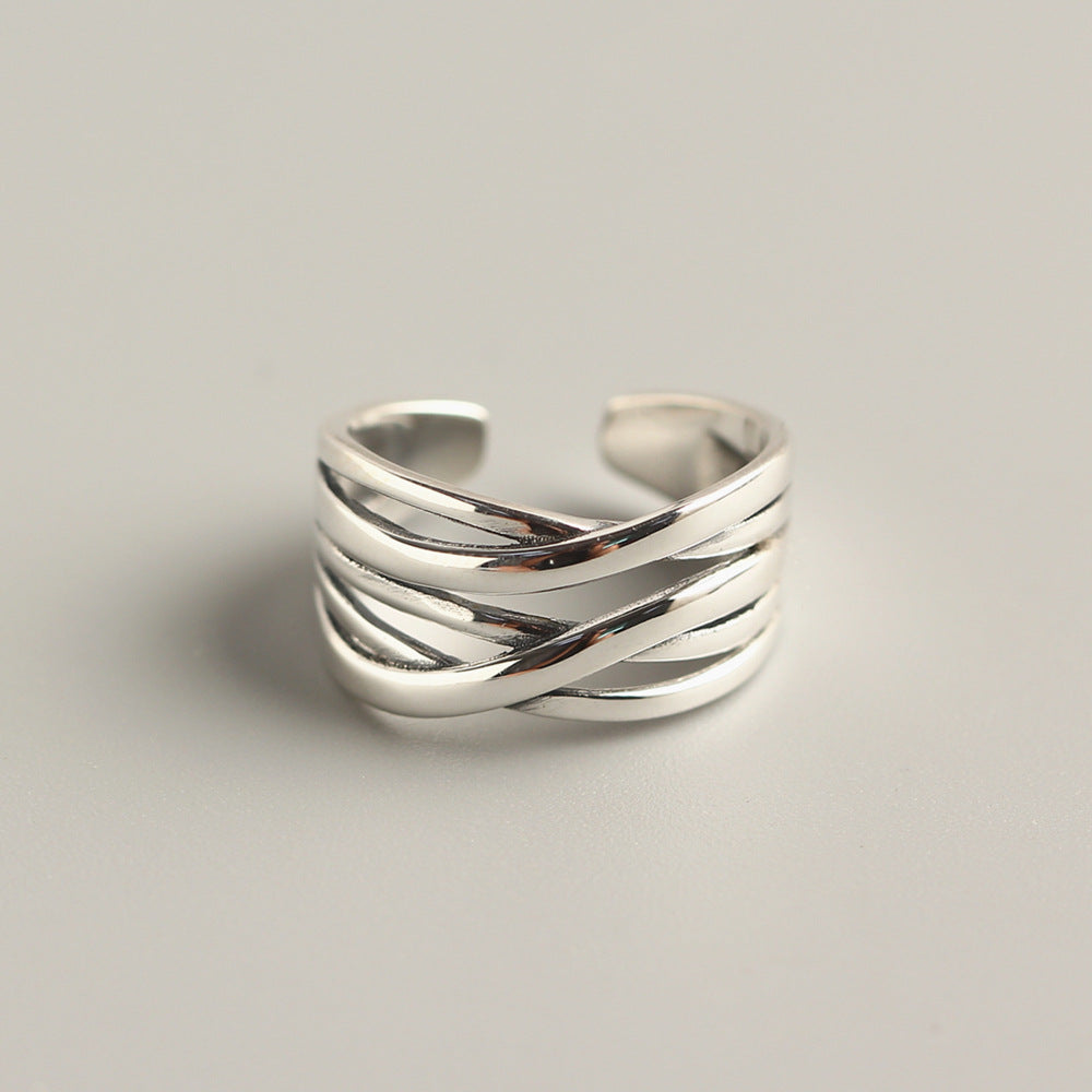 Women Modern Minimalist Fashion Jewelry Multi Layer Crisscross Wrapped LineSolid 925 Sterling Silver Adjustable Open Band Ring