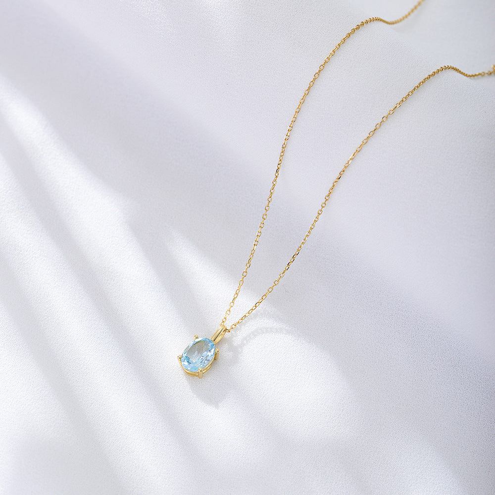 Women Oval Natural Blue Topaz 925 Sterling Silver Necklace