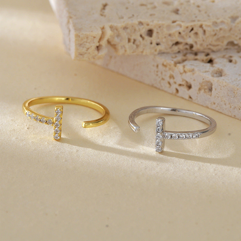 Geometric T Bar Cubic Zirconia Open Ring 925 Sterling Silver Minimalist Line Design Adjustable Ring