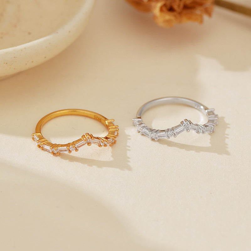 Modern Minimalist Fashion Jewelry Geometric Irregular Cubic Zirconia 925 Sterling Silver Micro Set Baguette Round Clear Stone Ring