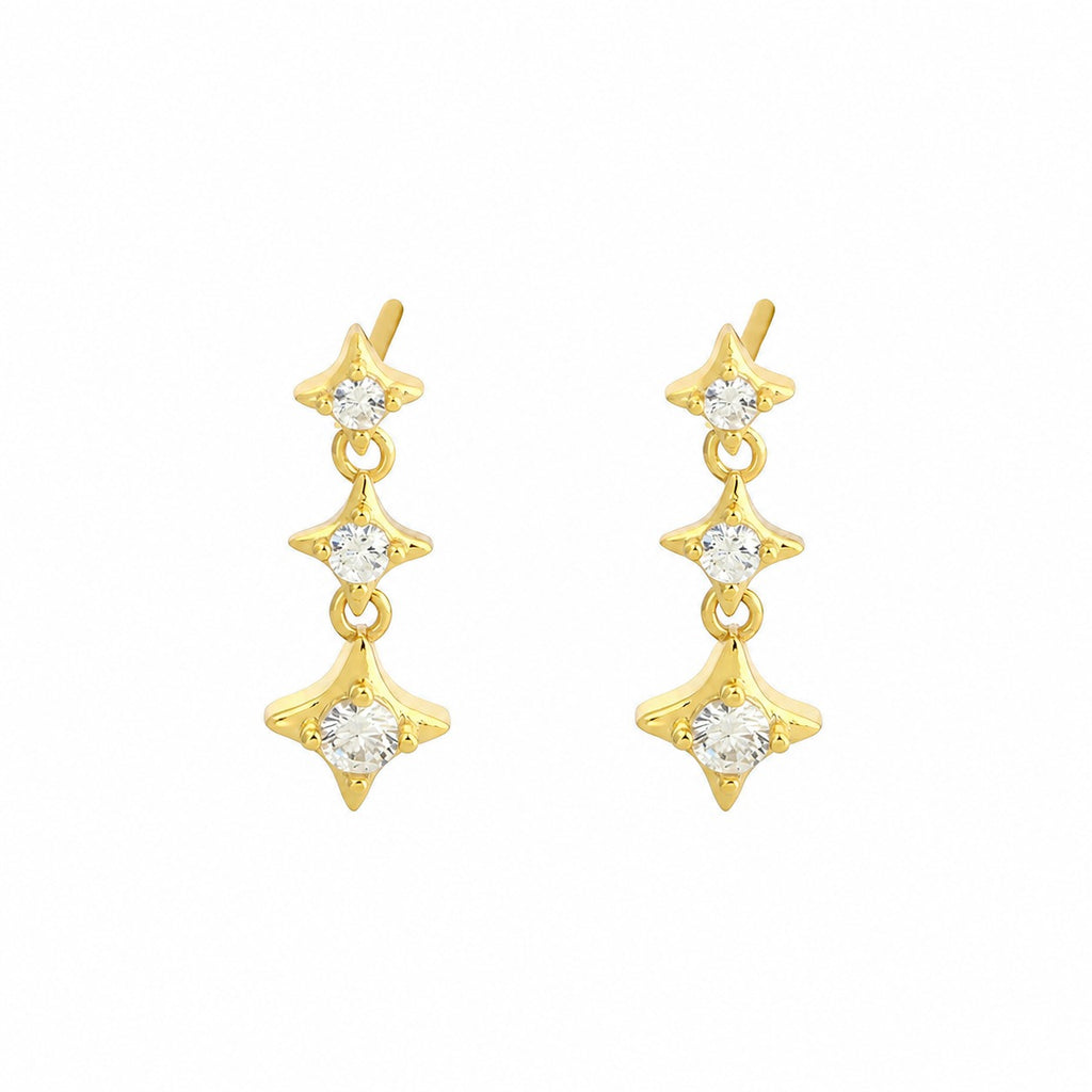 Elegant Geometric Triple Four Point Star Cubic Zirconia S925 Silver Drop Earrings