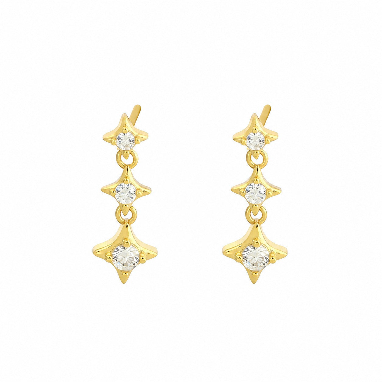 Elegant Geometric Triple Four Point Star Cubic Zirconia S925 Silver Drop Earrings