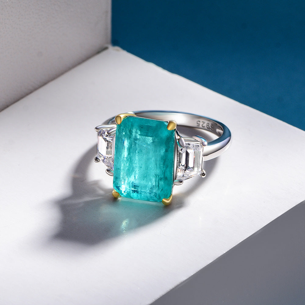 Rectangular Paraíba blue synthetic sapphire 925 sterling silver three stone Ring