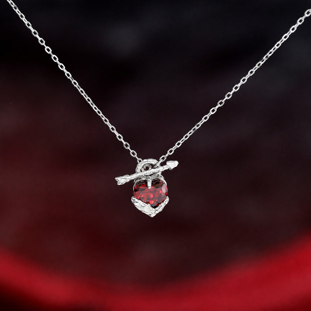 Red Heart Cupid's Arrow Zirconia 925 Sterling Silver Romantic and Minimalist Collar Bone Necklace