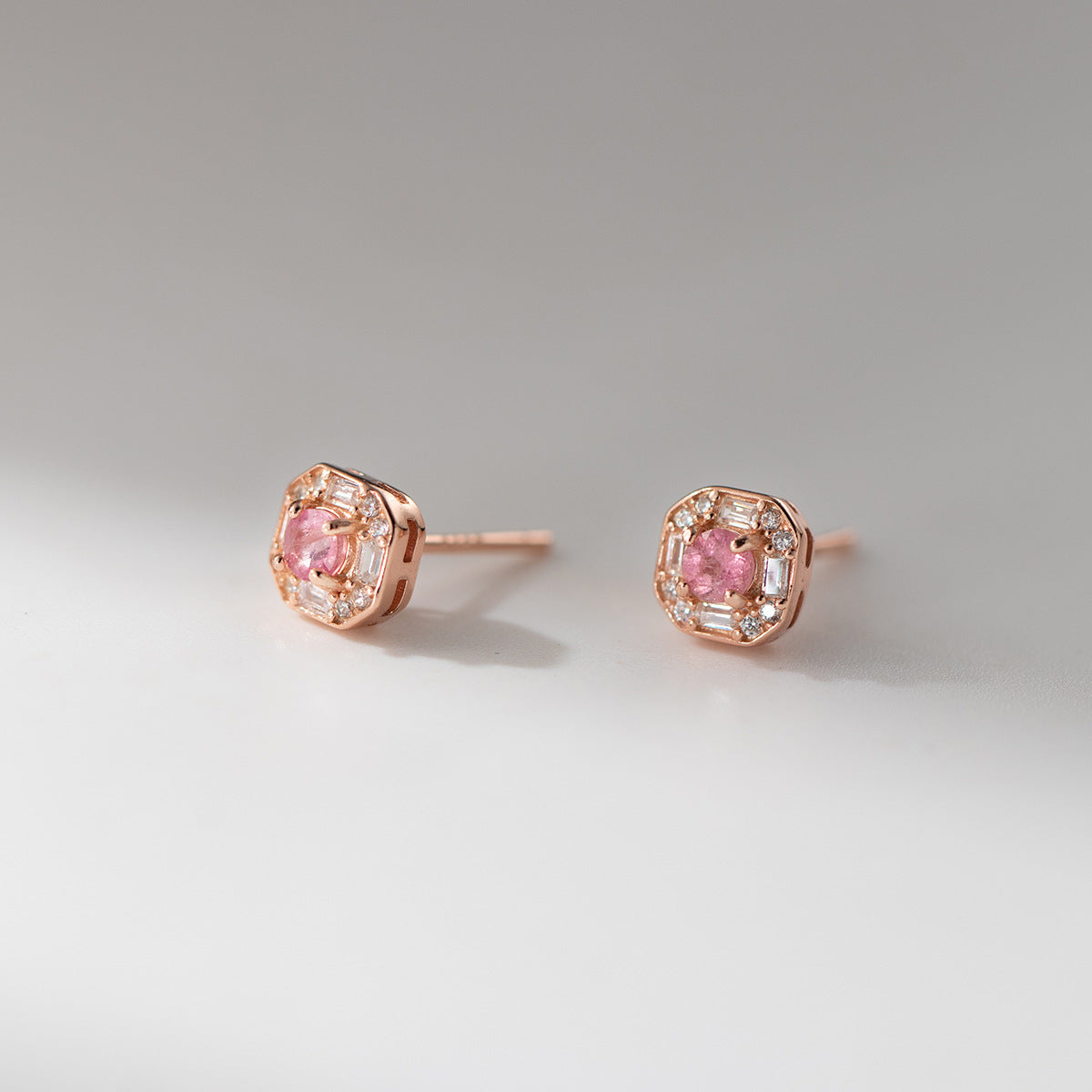 Delicate Square Halo Pink Center Stone Rose Gold Tone 925 Sterling Silver Mini Delicate Ear Stud Earrings