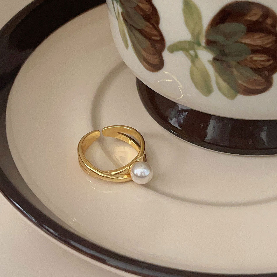 Fashionable Korean Style Adjustable X-Shaped Pearl Design 925 Sterling Silver Ring for Women with Elegant Yellow Gold and Silver Options