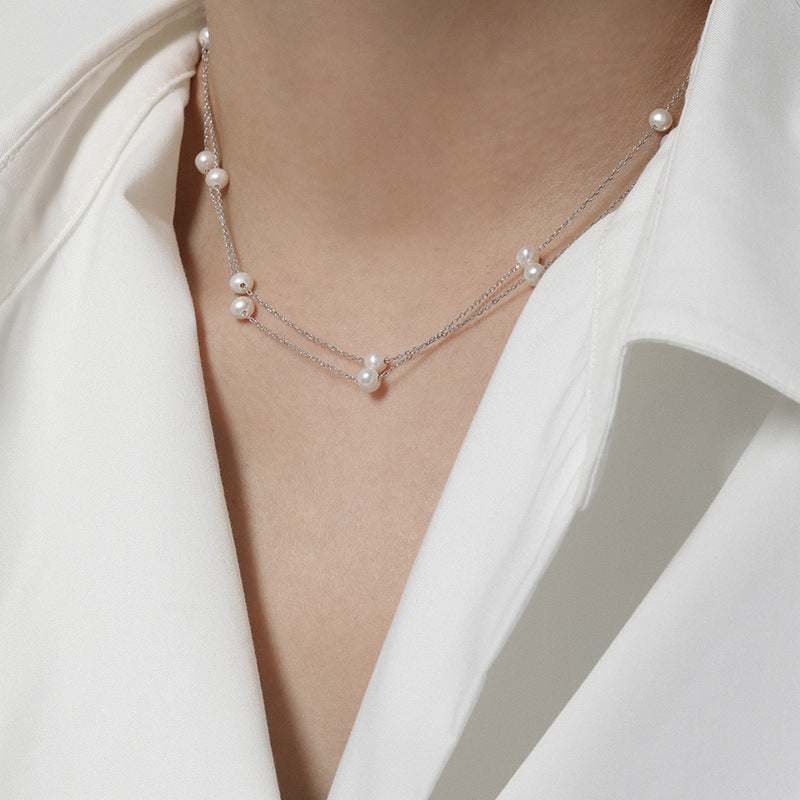 Double Layer Freshwater Pearl S925 Sterling Silver Geometric Chain Necklace